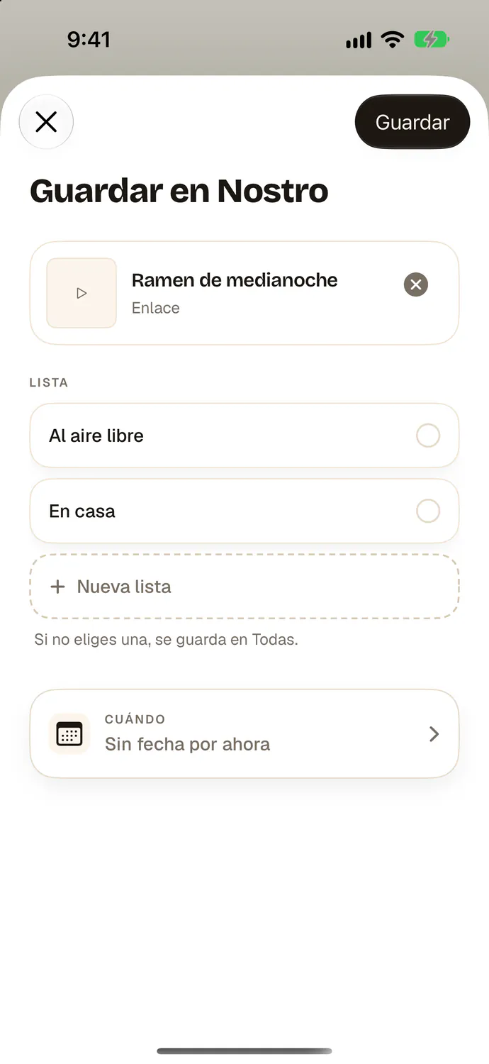 The Save to Nostro share sheet, opened with the Share button, showing the Midnight Ramen idea.