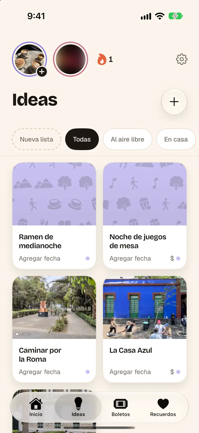 Ideas in Nostro: Midnight Ramen and Board Game Night with their patterned cards, a walk through Roma and La Casa Azul with photos of their places, each waiting for a date.