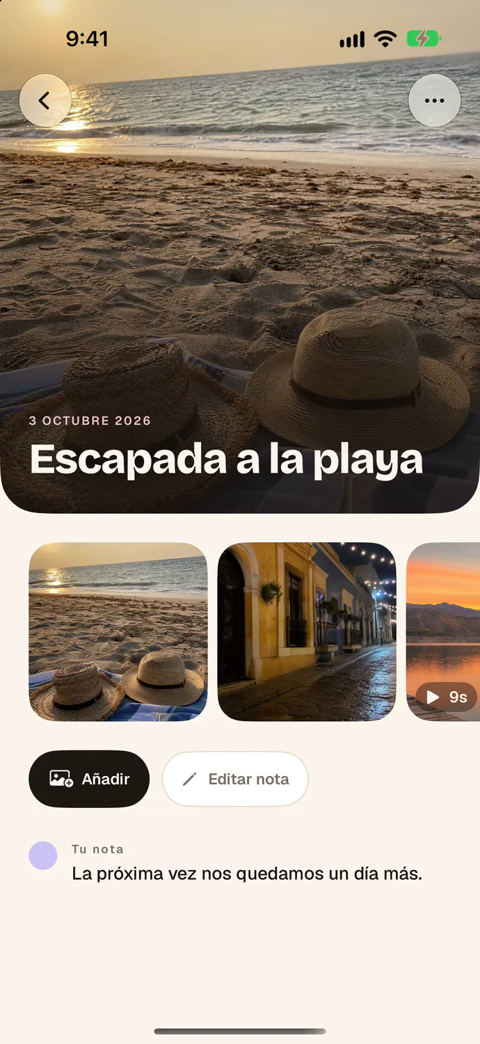 The Beach Getaway memory, dated October 3, 2026, with two photos, a video, and a note.