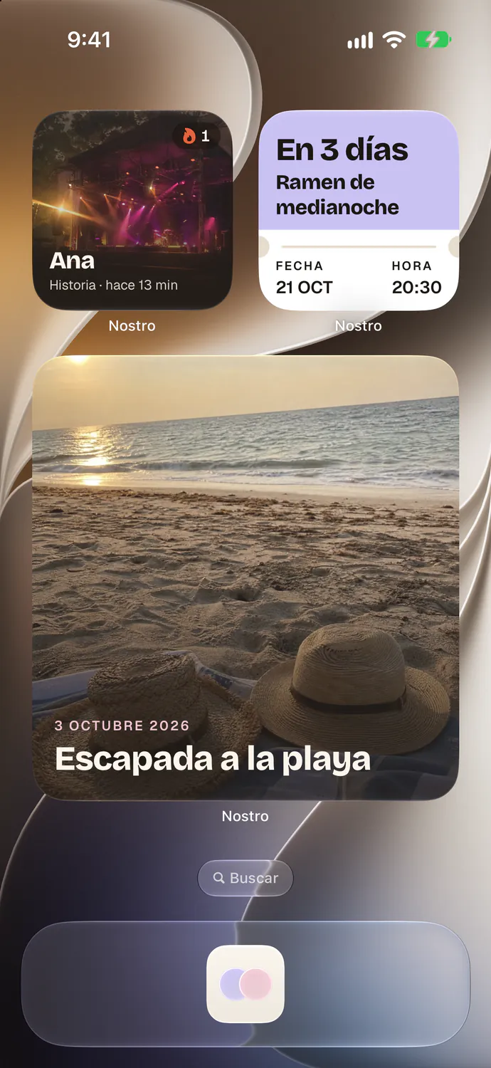 Nostro widgets on the home screen: Ana’s story and streak, the next date, Midnight Ramen, in 3 days, and the Beach Getaway memory.